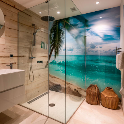 Luxuriöses Badezimmer mit Glasdusche und Strandmotiv Modernes Badezimmer mit Glasdusche, Strandhintergrund und Holzelementen